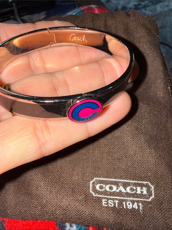 Coach Jewelry - COACH 1941 Silver-Tone C Logo Hinge Cuff Bracelet with Pink & Blue Enamel